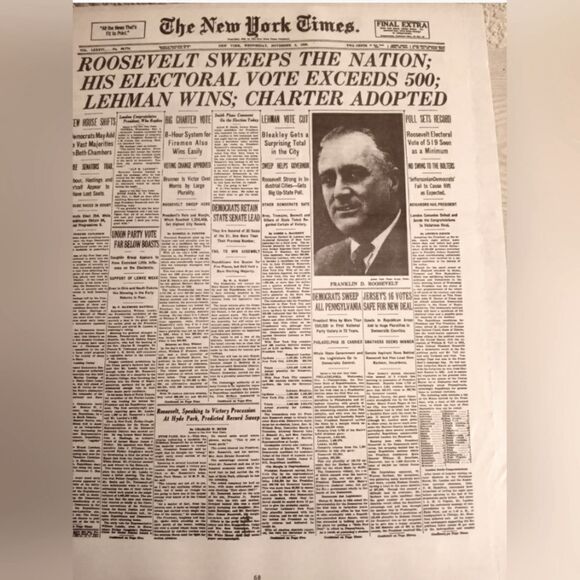 1936 November 4th New York Times- Roosevelt Sweeps The Nation.On cardboard - Picture 1 of 2